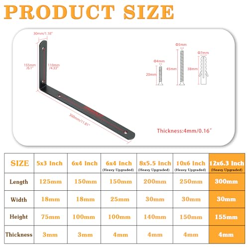 Alise Black Shelf Brackets,L Brackets for Shelves,12x6.3x1.2 Inch,4 Pcs - color: Black, size: 12x6.3 Inch (Upgraded)