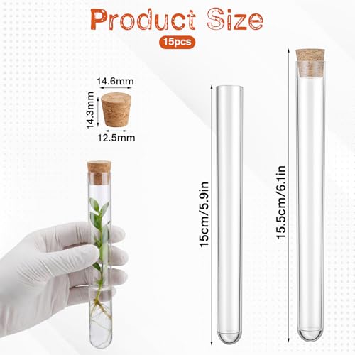 15 Pcs Clear Plastic Test Tubes with Cork Stoppers, 16 x 150mm 15ml
