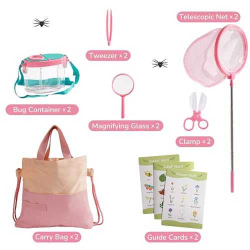ROBOTIME 2-Person Bug Catcher Kit for Kids - Complete Pink Outdoor Explorer Set with Double Tools for Siblings & Friends (Ages 3+) - color: Pink