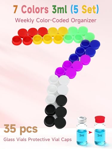 35PCS 3ml Vial Caps, Peptide Caps for 1ml 2ml 3ml 4ml Vials Peptide Storage Protective Cap, Reusable Silicone Vial Covers Fit Peptide Case for Fridge by DawnBox, Leak-Proof and Dust-Proof.