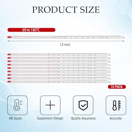 Relaxweex 10 Pcs General Purpose Lab Thermometer Bulk 12 Inch 76mm Immersion Glass Liquid Thermometer -20 to 150 Degrees Celsius for Laboratories University Science Food Beverage Precise Measurements