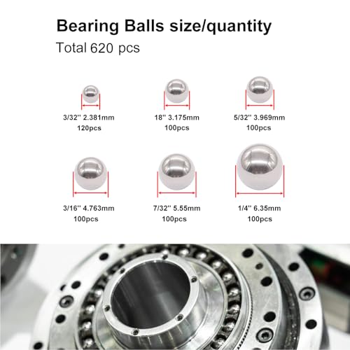 weideer 620pcs Bicycle Bearing Balls Metal Mixing Balls Assortment Kit 1/4" , 7/32", 3/16", 5/32" , 1/8", 3/32". Precision Steel Balls K-168-620-GE - size: 6size 620pcs SAE