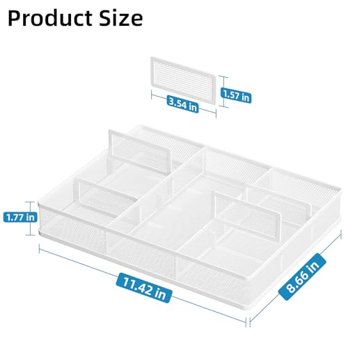 Marbrasse Desk Drawer Organizer, Metal Mesh Drawer Organizer Tray with 5 Adjustable Compartments,Desk Organizers and Accessories for Home,Office,Kitchen,Makeup,Vanity (White) - color: White