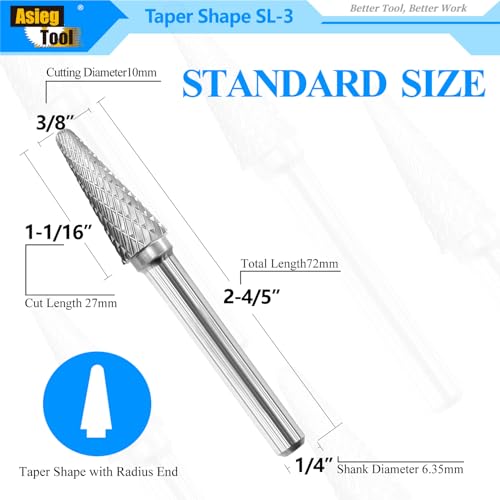 SL-3 Tungsten Carbide Burr Rotary File Taper Shape with Radius End Double Cut with 1/4" Shank for Die Grinder Drill Bit - 10Pcs - style: 10pcs SL-3