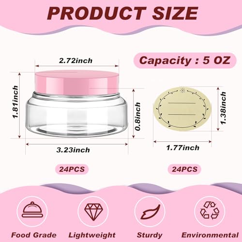 24 Pack Plastic Cosmetic Jars with Lids Label, 5 oz, Clear, Pink - color: Clear, Pink, size: 5 oz