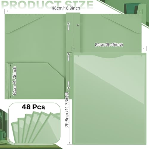 Henoyso 48 Pcs Plastic Folder with Clear Front Pocket and 3 Prongs Heavy Duty Plastic Folders with Card Slot Pocket Folders with Prongs for School Office Home(Sage Green) - color: Sage Green