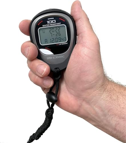 Sper Scientific 100 Memory Water and Shock Resistant Stopwatch 810036A - Stopwatch/Timer with 100 Split/Lap Memory, 20-Hour Countdown, 4 Timing Modes, Pacer, Clock/Calendar, Belt Clip & Lanyard - 4 pc - size: 4 Pack