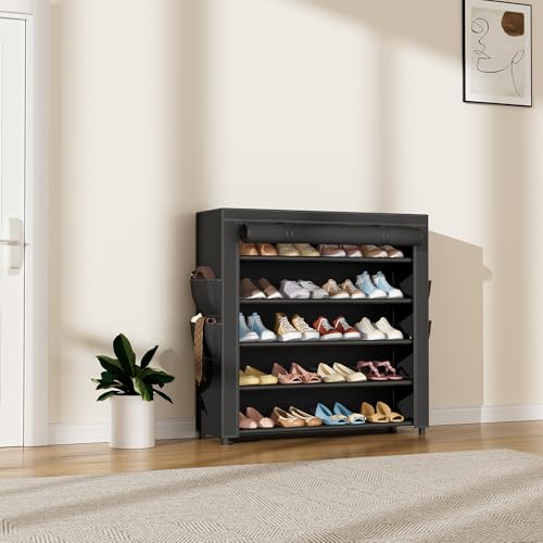 LANTEFUL Shoe Rack with Covers 5 Tier Tall Shoe Rack Organizer Large Capacity Shoe Shelf Storage 20-24 Pairs Space Saving Free Standing Shoe Storage Organizer for Closet, Entryway, Dorm, Black - color: Black, size: 6 Tier - 33.8"W