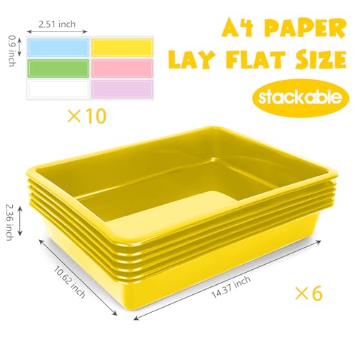 ShineMe 6 Pack Paper Trays for Classroom, Yellow Plastic Book Bins with Colorful Labels, Stackable Letter Size Storage Tray, Desk Organizer Tray for Home, School and Office - color: Yellow