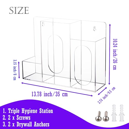 Acrylic Hygiene Dispenser Station with 3 Compartments - Triple Sanitation Station Holder Dispenser for Face Masks, Gloves Box, Hand Sanitizer, Hairnets, Tissues- Wall Mount or Tabletop