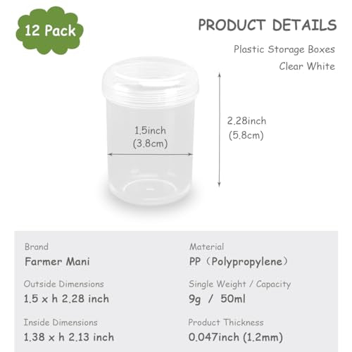 12 Pcs Clear Plastic Round Beads Storage Containers Box (1.5 x H2.28 Inch), 1.69 oz Plastic Storage Jars with Lid for Beads, Crafts, Pills, Fishing Tackles, Nails, DIY Crafts, etc - size: 50 ml (1.5" x 2.28")