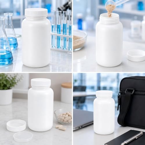 METAPACK 5 Pack 6.8 oz White HDPE Wide Mouth Lab Sample Bottles with Screw Caps, Removable Inner Caps and Labels, Plastic Sample Containers for Liquids, Powders, Granules, lab samples and Small Parts