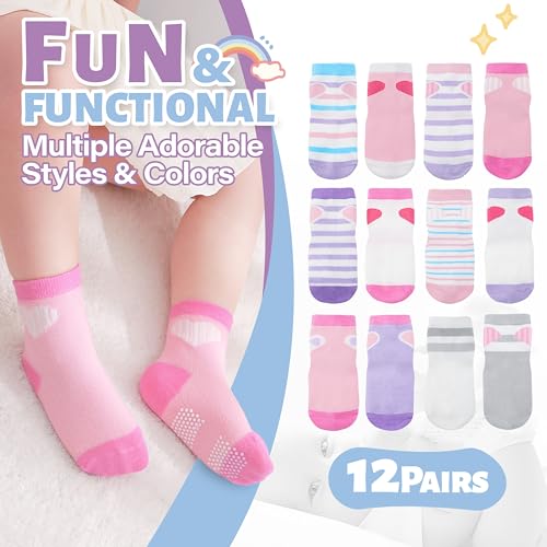 ANTSANG Baby Girls Toddlers Grips Socks, Kids Unicorn Crew Cotton Socks - color: Colorful Heart(12 Pairs), size: 9-14 Years