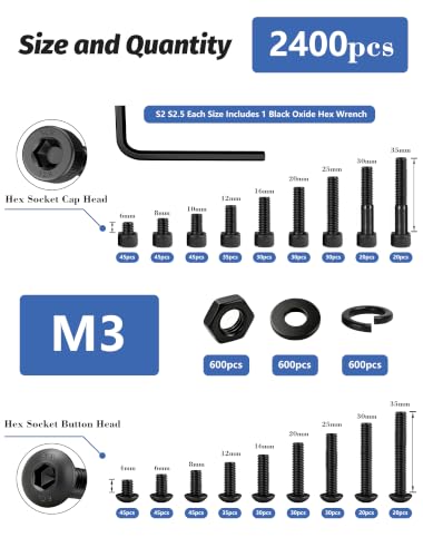 2400PCS M3 Screws Assortment Kit, 12.9 & 10.9 Grade Alloy Steel Socket Head Cap & Button Head Screws with Hex Nuts, Flat & Spring Lock Washers, Metric Bolt Set S2 & S2.5 Hex Key Included, Black Oxide - size: M3 2400pcs