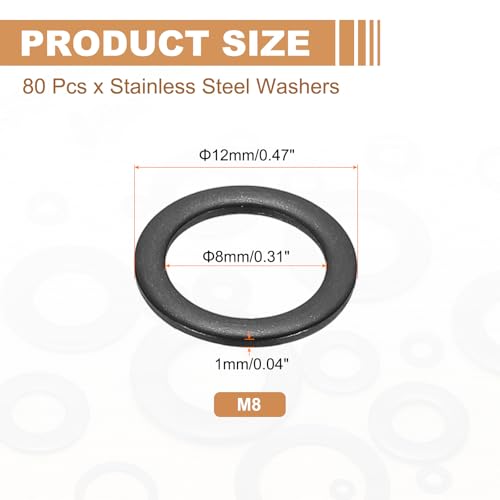PATIKIL 80pcs M8 Stainless Steel Washers M8x12x1mm Flat Washers Metal - size: M8x12x1
