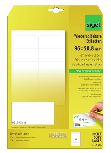 Sigel LA216 Removable Labels, 3.78 x 2 inches, White, 250 Labels - style: format 9,6 x 5,08 cm