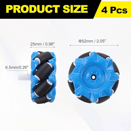 MECCANIXITY 2Set Mecanum Wheels Set with Hexagonal Pins and Screws, 52mm / 2.05" ABS Rubber Omnidirectional Wheels for Smart Robot Car Parts DIY Models Accessories, Blue