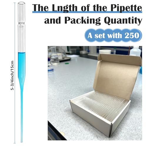 5-3/4 Inch Pasteur Pipettes, 250 Pcs Disposable Borosilicate Glass Pipettes