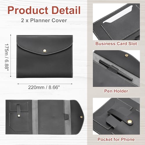 PATIKIL 2Pcs Planner Cover, Leather Notebook Cover for Business Cards Documents Notebook with Pen Holder Phone Pocket Card Slot Secure Button, Black - color: Black