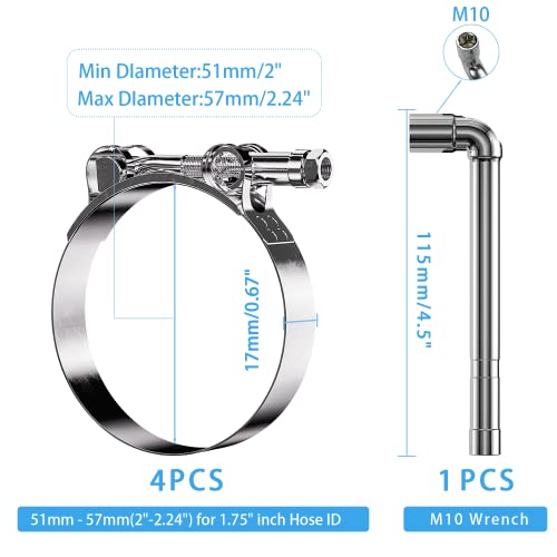 4 Pack 1.75 Inch T Bolt Hose Clamps Working Range 51-57mm for 1.75 Inch Hose ID, Stainless Steel Turbo Intake Intercooler Clamps - size: 51-57mm(2"-2.24") 4Pcs