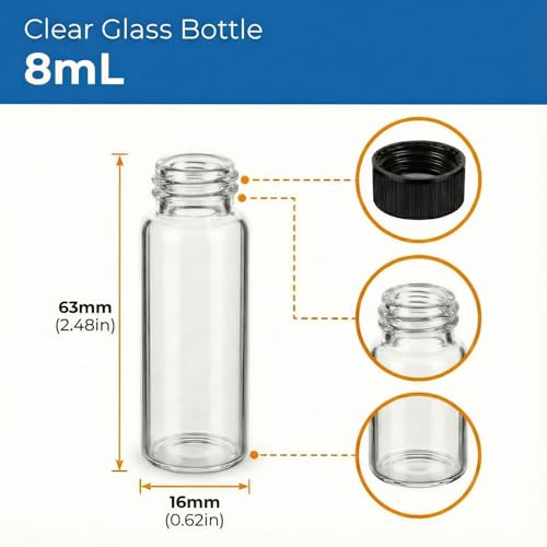 100Pcs 8ml 2 Dram Glass Vials with Screw Caps - Small Clear Sample Bottles for Essential Oils, Beads, and Crafts - Leak Proof Mini Storage Containers for Jewelry Findings, Spices, and Party Favors - color: Clear, size: 8ML