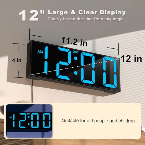 JALL Digital Wall Clock Large Display with Big LED Numbers, Remote Control, 8 RGB Colors, Auto DST, Night Light for Classroom Living Room Bedroom Birthday Gift for Senior, Men Women, Blue - color: Blue, size: 12 inches