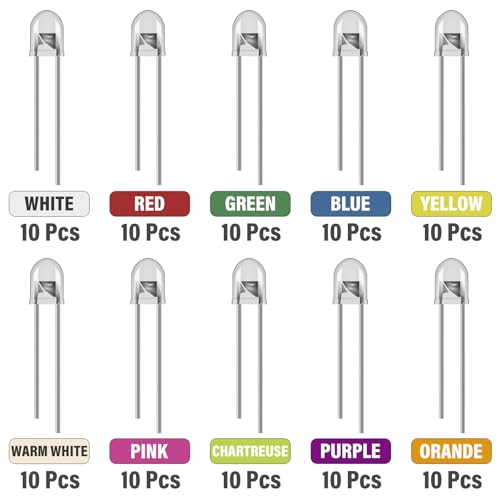 100PCS 5MM LED Diode Light Assortment Kit 10 Colors White Red Green Blue Yellow Warm White Pink Chartreuse Purple Orange Lighting Bulb Emitting Lamps Diodes Electronics Parts - style: 5MM-10Color-100pcs