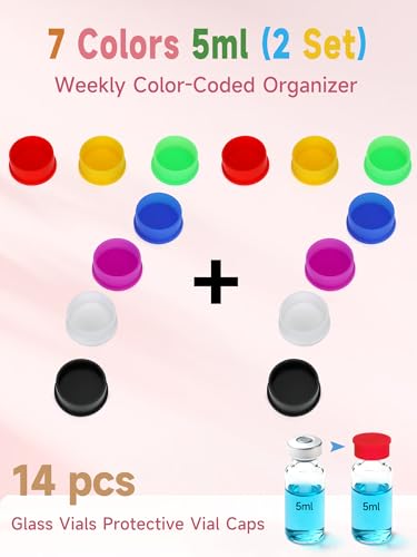 14 Pack 5-100ml Vial Caps (7 Colors) Peptide Caps for for 5ml 10ml 20ml 30ml Glass Vials Peptide Storage Protective Cap, Reusable Silicone Peptide Vial Covers Fit Peptide Case for Fridge by DawnBox.