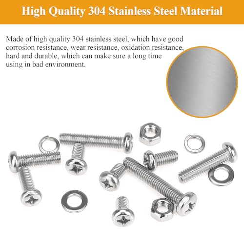 104 Pieces M6 Machine Screws Nuts Washers Set, Sutemribor M6 x 8/12/16/20/25/30/35mm Phillips Pan Head Machine Screws Nuts Washers Assortment Kit, 304 Stainless Steel, Fully Threaded - size: M6, style: Phillips Pan Head