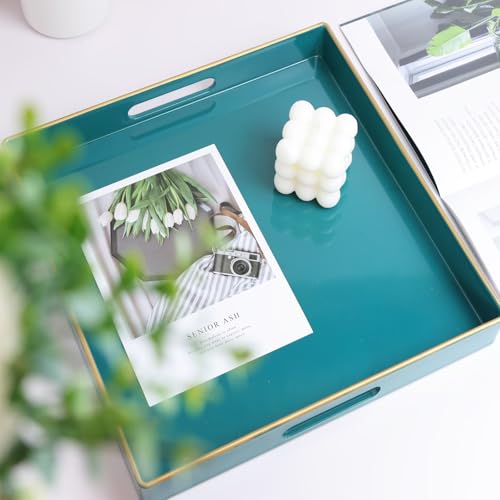 Spsyrine Green Decorative Serving Tray with Handles, 13" X 13" Square Plastic Coffee Table Tray for Ottoman, Living Room, Bathroom, Home Decor. - color: Dl06re