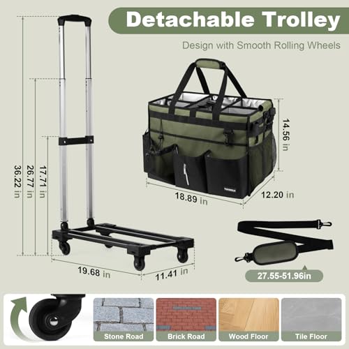 Extra-Large Rolling Cleaning Caddy with Wheels,Cleaning Caddy Bag with Detachable Trolley,Water Resistant Lining Cleaning Supply Organizer with Handle for Cleaners,Housekeepers (Army Green) - color: Green Rolling, size: Extra-Large