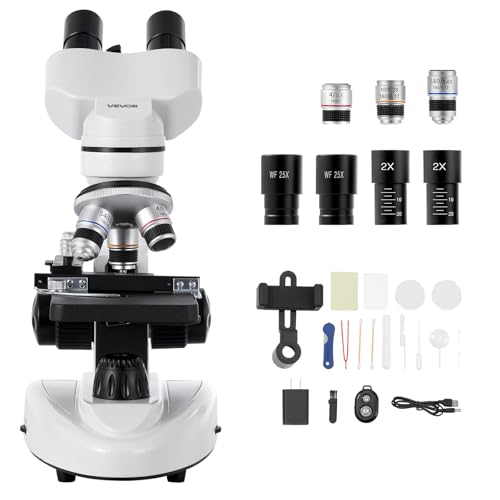 VEVOR Compound Binocular Microscope, 40-2000X Magnification, Professional Compound Microscope for Adult with Phone Adapter, LED Light, Aluminum Alloy Body, for Lab, School, Home, Education - size: 40-2000X