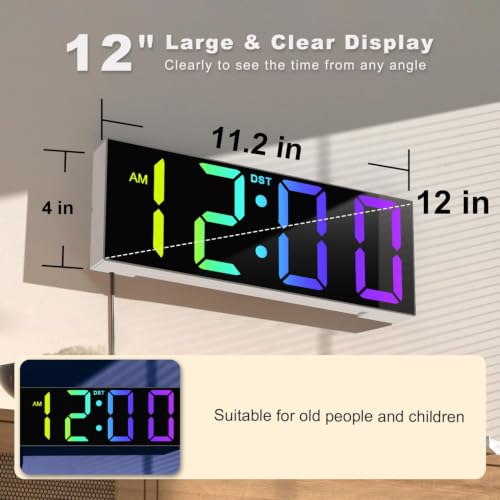 JALL Digital Wall Clock Large Display with Big LED Numbers, Remote Control, 8 RGB Colors, Auto DST, Night Light for Classroom Living Room Bedroom Birthday Gift for Senior(A White Shell, 12 inches) - color: A White Shell, size: 12 inches