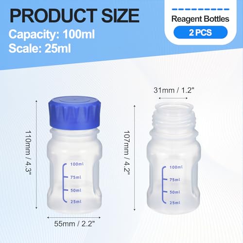 PATIKIL 100ml Reagent Bottle 2Pcs Graduated Storage PP Blue Cap Transparent - color: Transparent, size: 100ml