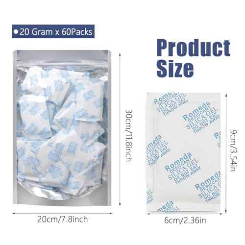 Romeda 60 Pcs 20 Gram Silica Gel Packs, Transparent Desiccant, Desiccant Packets for Storage, Moisture Packs for Spices Jewelry Shoes Boxes Electronics Storage - size: 60PCS
