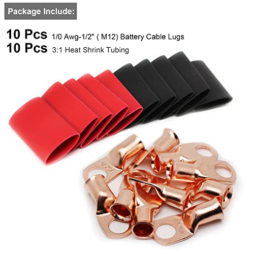 TKDMR 10 PCS 1/0 AWG - 1/2 Battery Cable Lugs Copper Wire Ring Terminals - size: 1/0 Awg - 1/2" (M12) Ring