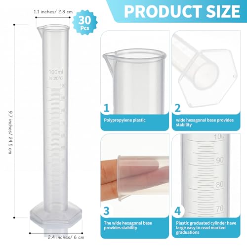 Xuhal 30 Pack 100ml Transparent Plastic Graduated Cylinder Bulk