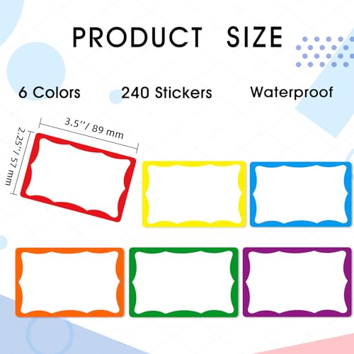 6 Classic Colors Name Tag Stickers,240PCS Waterproof Stickers Name Tags 3 1/2 X 2 1/4 Name Labels for Office,Meeting,School and Home - style: shape border