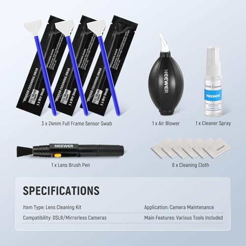 NEEWER 12 in 1 Camera Lens Cleaning Kit for Electronics, Phones, Tablets, 1x Lens Brush Pen + 1x Air Blower + 1x Cleaner Spray + 3X 24mm Full Frame Sensor Swab + 6X Cleaning Cloth, HM-49