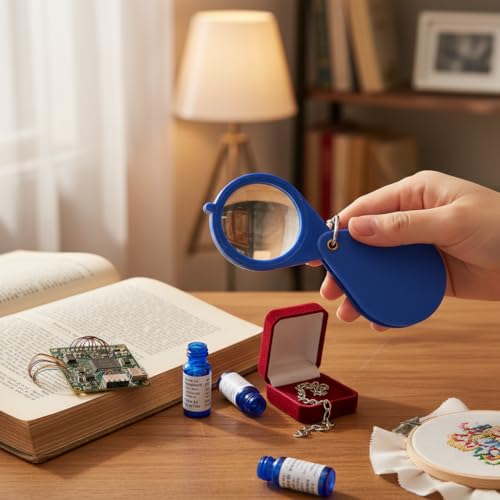 Garosa 10X Foldable Portable Magnifier,32mm Lens Diameter with Keychain,Pocket Magnifying Glass for Reading Small Print (Blue)