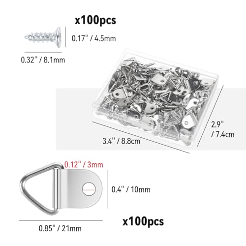 100 Pack Steel Picture Hangers with 100pcs 8mm Screws, Small Triangle Ring, Light Duty D Rings for Clock, Decoration, Mirror, Paintings, Artwork Picture Frame (Silver) - color: Silver