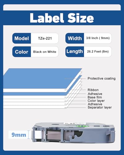 5-Pack TZe 221 Label Refill Compatible for Brother TZ Tape 9mm 0.35 - size: 0.35'' (9mm)