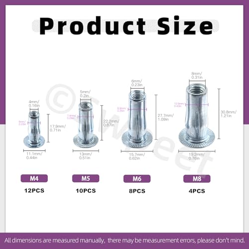 Swpeet 34Pcs 4 Sizes M4 M5 M6 M8 Metric Carbon Steel White Zinc-Plated Multi-Grip Rivet Nuts Plus Nuts Assortment Kit, Bulbed Shank Flat Head Threaded Insert Nut Construction Fasteners for Industrial - size: Assortment Kit