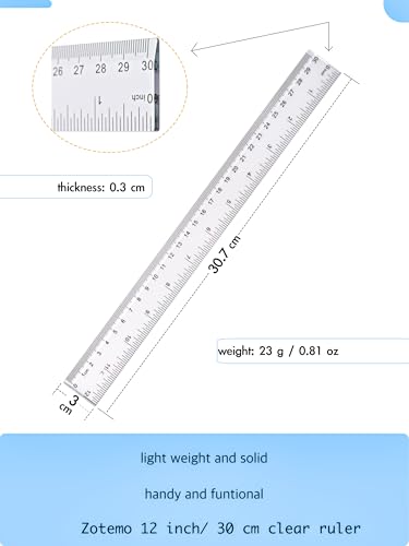 Ruler 12 Inch, 2 Pack Clear Plastic Rulers with Inches and Metric, Shatterproof Transparent Straight Edge for School Office, Easy-to-Read mm cm Markings