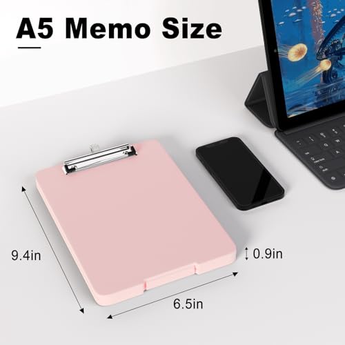 Hongri A5 Clipboard with Storage, Metal Retractable Pen Holder, Pink - color: Pink