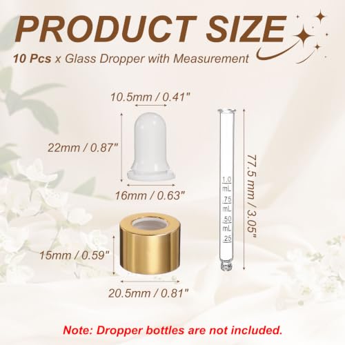 PATIKIL Glass Eye Dropper w/Measurement mark for 1oz Glass Bottles 10Pcs - color: White/Gold Top, size: 1oz
