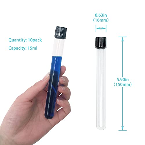 10pcs 16x150mm Glass Test Tubes, 15ml Boro Clear Propagation Tube for Plants, Tube Vials Container with Black Screw Cap, Scientific Experiment Candy Storage Crafts Small Bottle Jars - size: 16x150