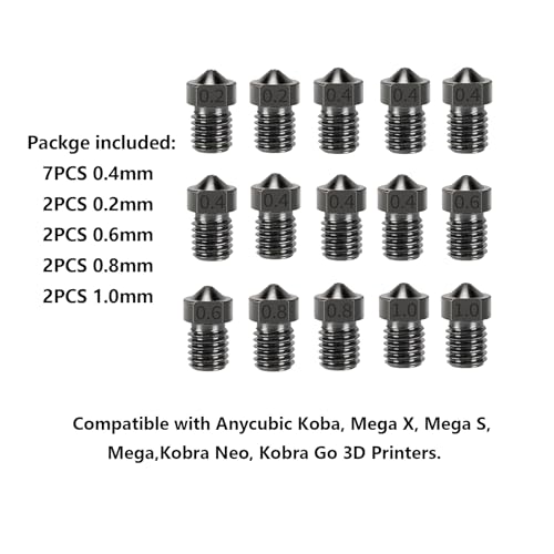 15PCS Hardened Nozzles Kit for Anycubic Kobra, 3D Printer 7PCS 0.4mm Nozzles and 2PCS 0.2mm, 0.6mm, 0.8mm, 1.0mm Wear Resistance Nozzles Kit for Anycubic Mega, Mega X, Chrion, Kobra Neo - style: Mega Harden Steel Multi Size