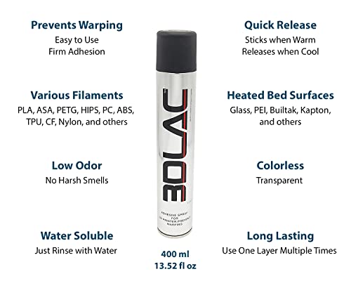 3DLAC 3D Printing 3D Printer Adhesive for Adhesion to Heated Print Bed, Spray, 400 ml 13.52 fl oz - size: 1