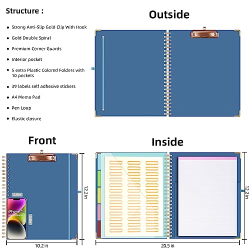 Ospelelf Clipboard with Storage 8.5 X 11,Padfolio Organizer, Spiral Portfolio Letter Size with Notepad, Pen Holder, 5 Extra Folder Divider Pages, Elastic Closure Nurse Office Essentials (Dark Blue) - color: Dark Blue